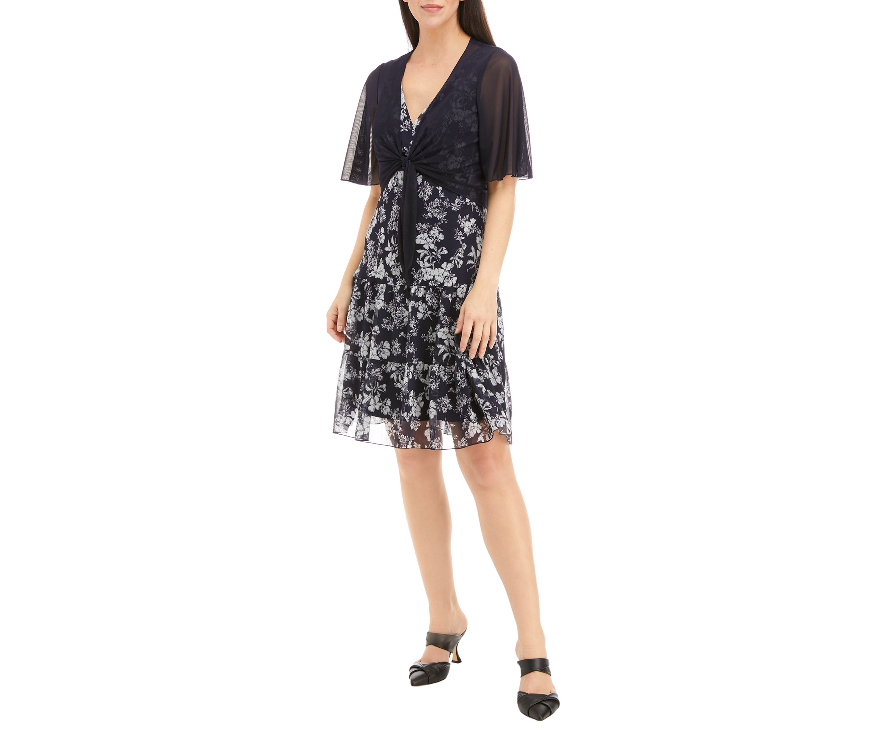 Womens 3/4 Sleeve Mesh Floral Jacket Dress