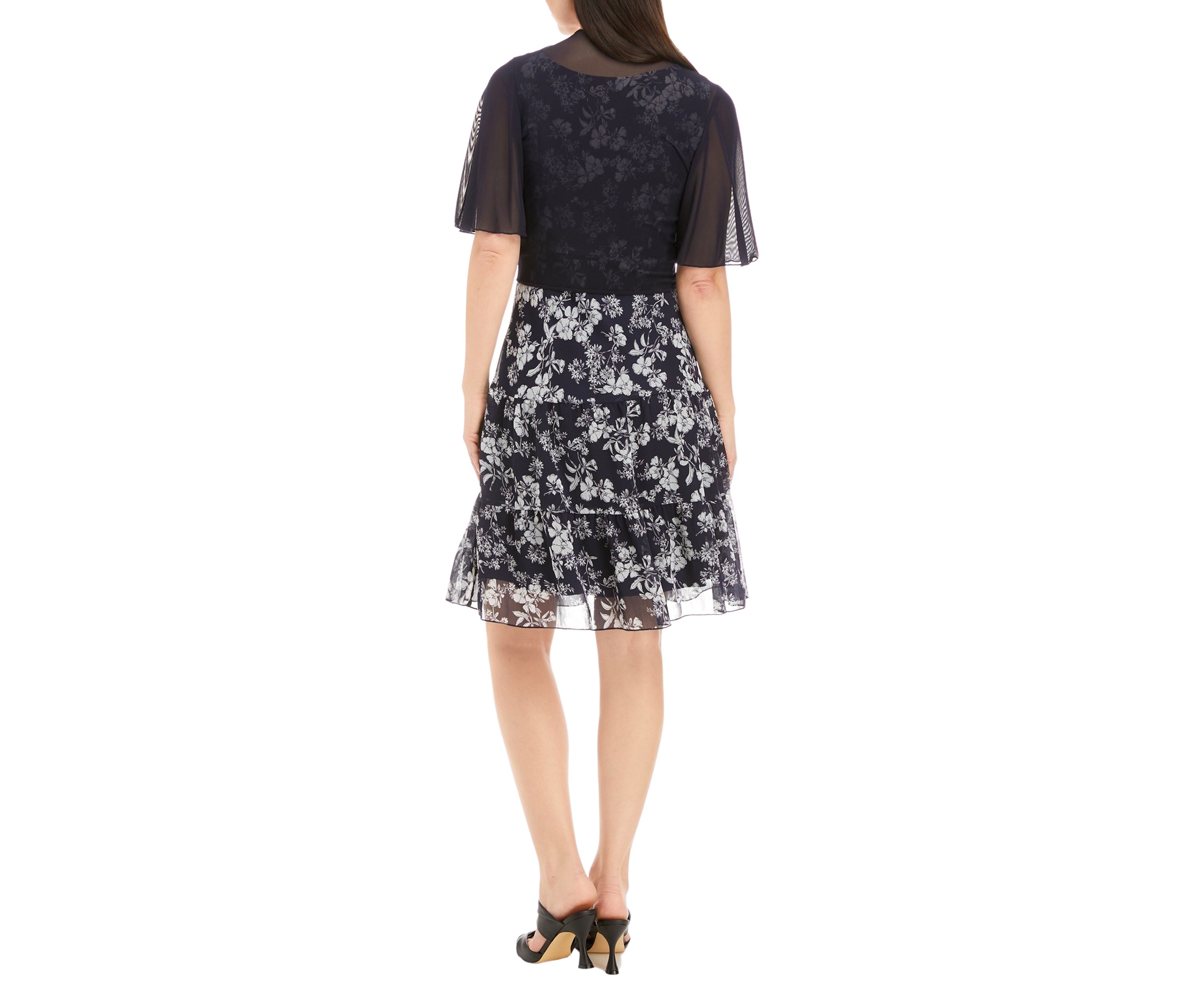 Womens 3/4 Sleeve Mesh Floral Jacket Dress