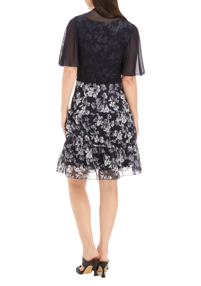 Womens 3/4 Sleeve Mesh Floral Jacket Dress