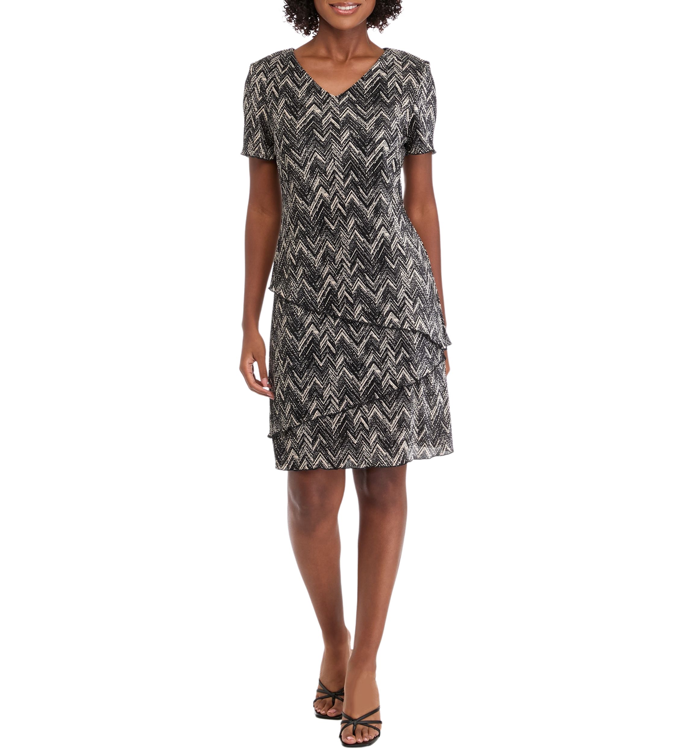 Womens Short Sleeve V-Neck Triangle Print Bodre A-Line Dress