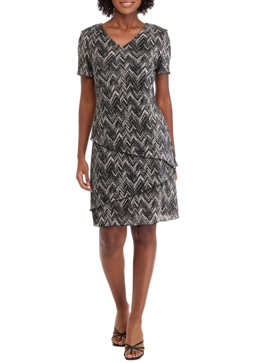 Womens Short Sleeve V-Neck Triangle Print Bodre A-Line Dress