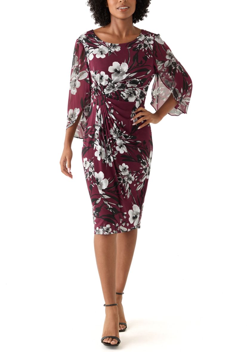 Womens 3/4 Sleeve Crew Neck Floral Print A-Line Dress