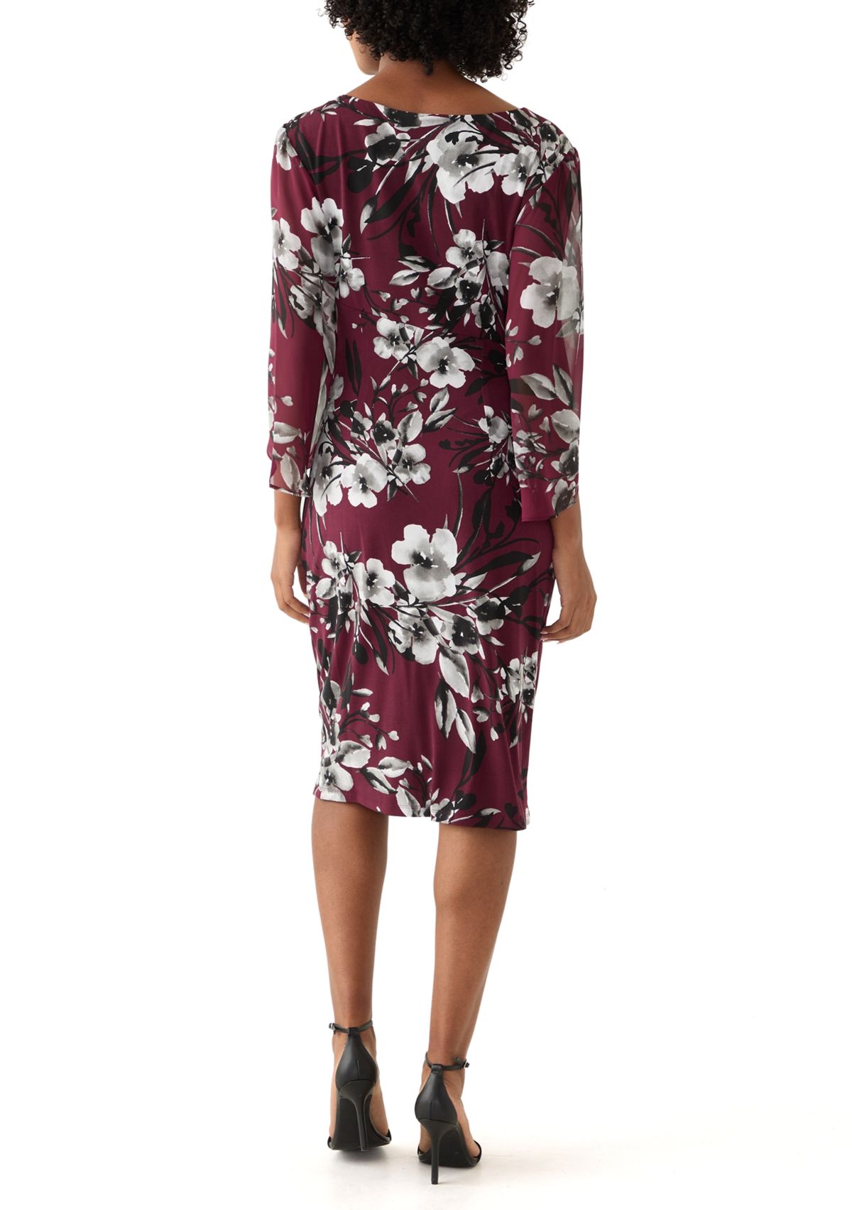 Womens 3/4 Sleeve Crew Neck Floral Print A-Line Dress
