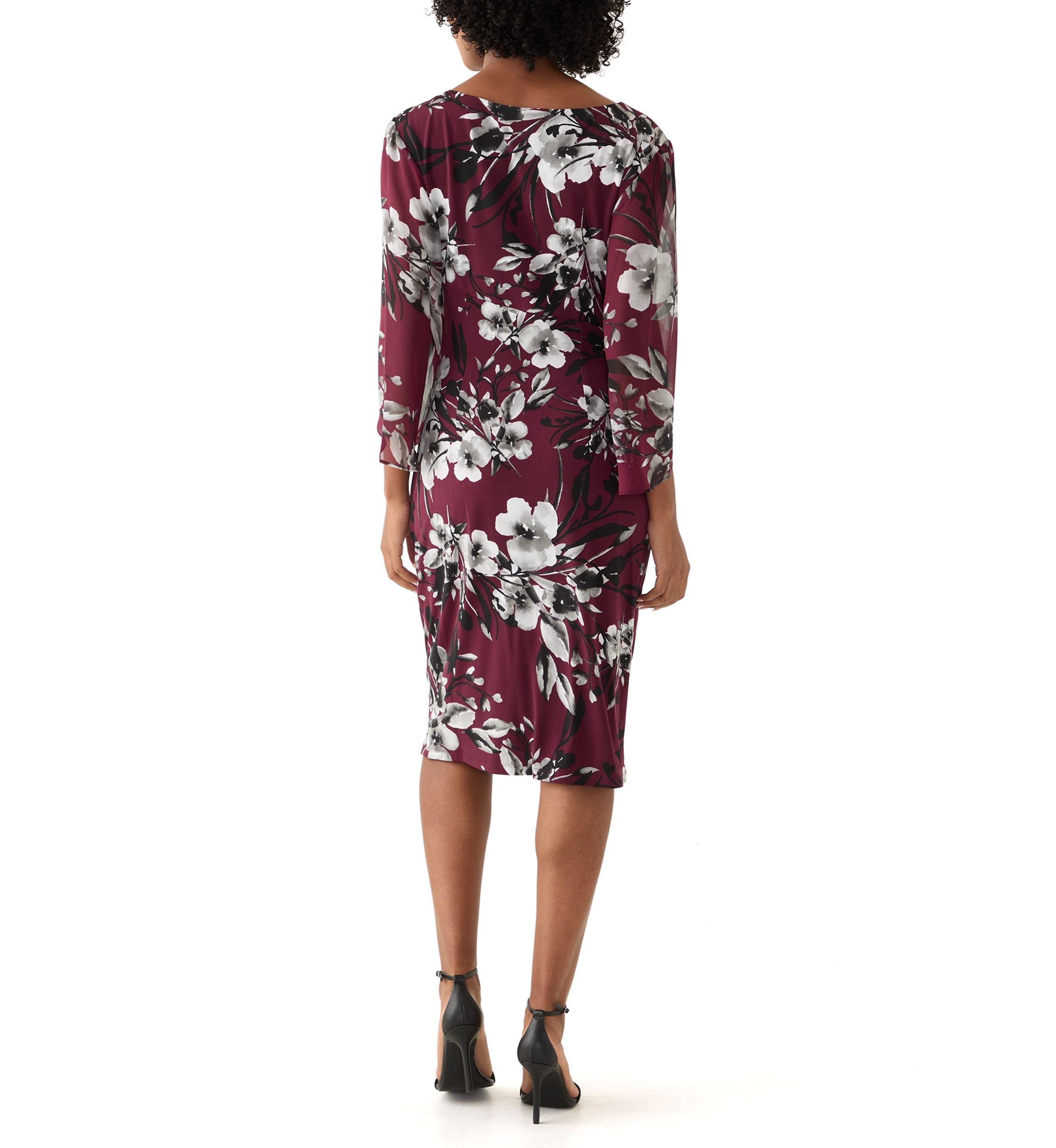 Womens 3/4 Sleeve Crew Neck Floral Print A-Line Dress