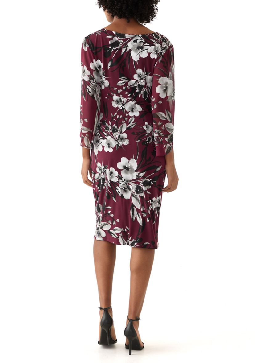 Womens 3/4 Sleeve Crew Neck Floral Print A-Line Dress