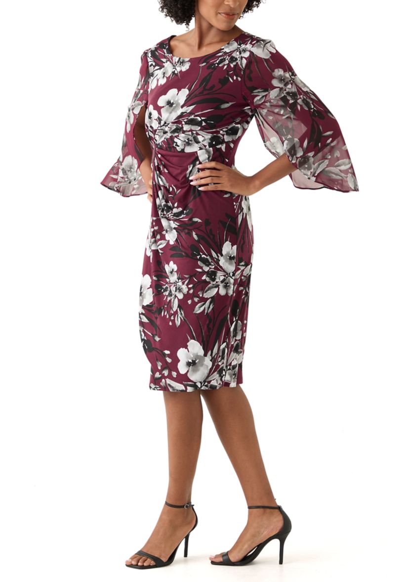 Womens 3/4 Sleeve Crew Neck Floral Print A-Line Dress