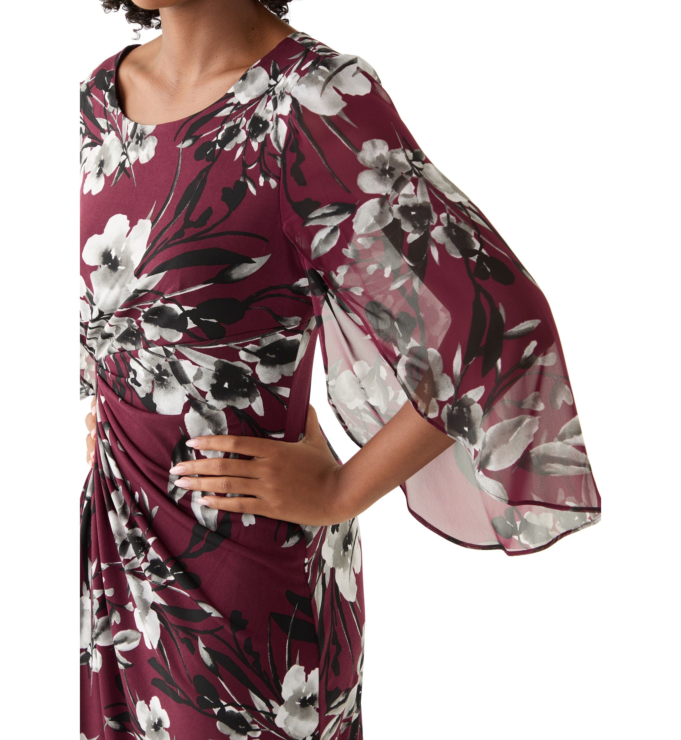 Womens 3/4 Sleeve Crew Neck Floral Print A-Line Dress
