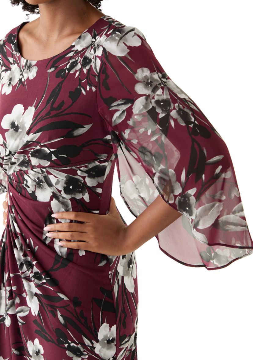 Womens 3/4 Sleeve Crew Neck Floral Print A-Line Dress