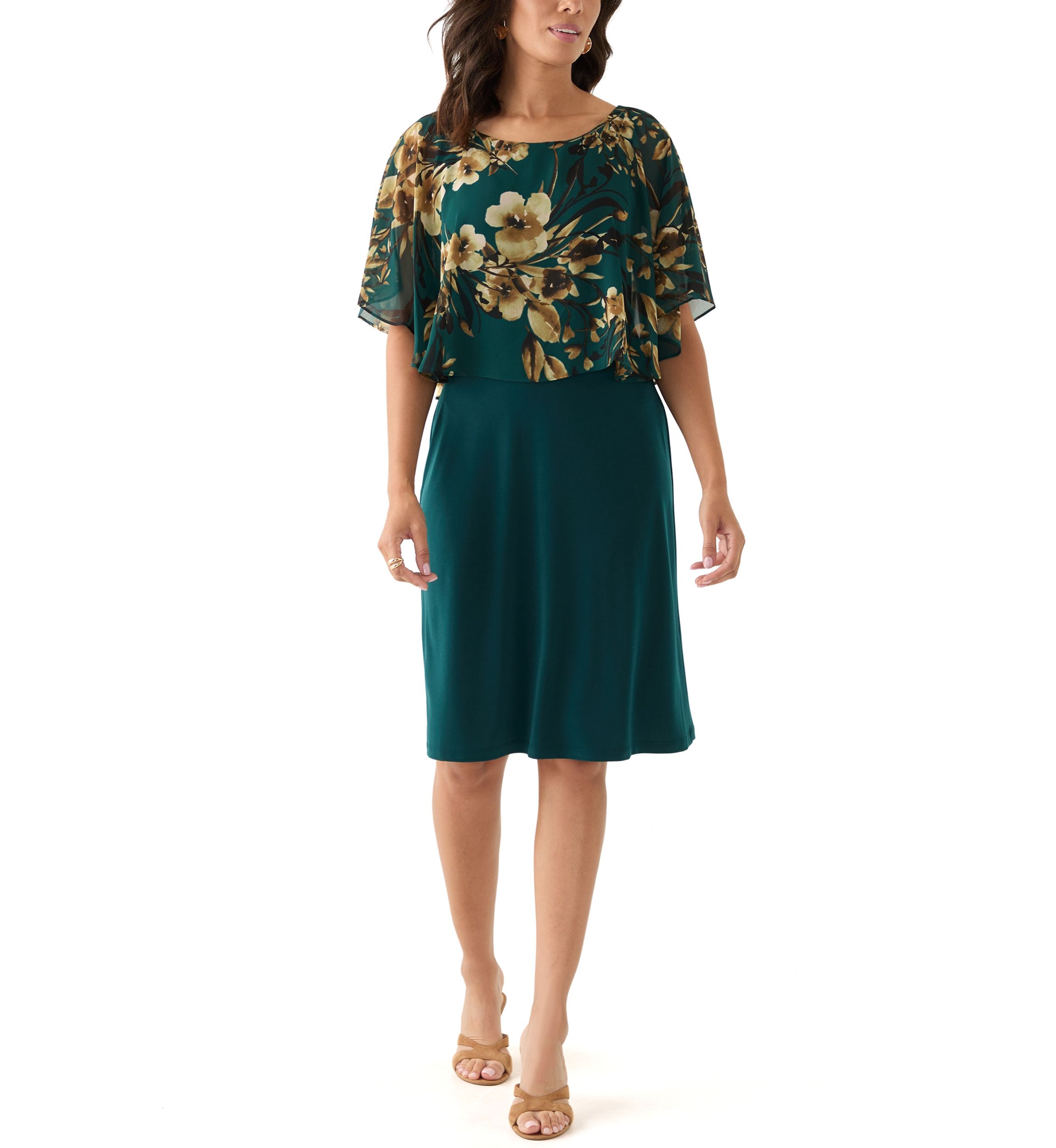 Womens Cape Sleeve Floral A-Line Dress
