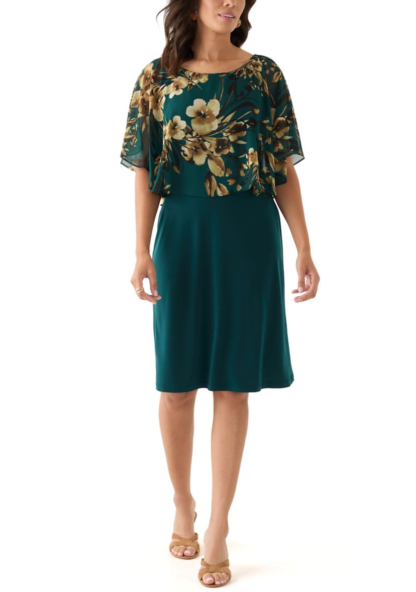 Womens Cape Sleeve Floral A-Line Dress