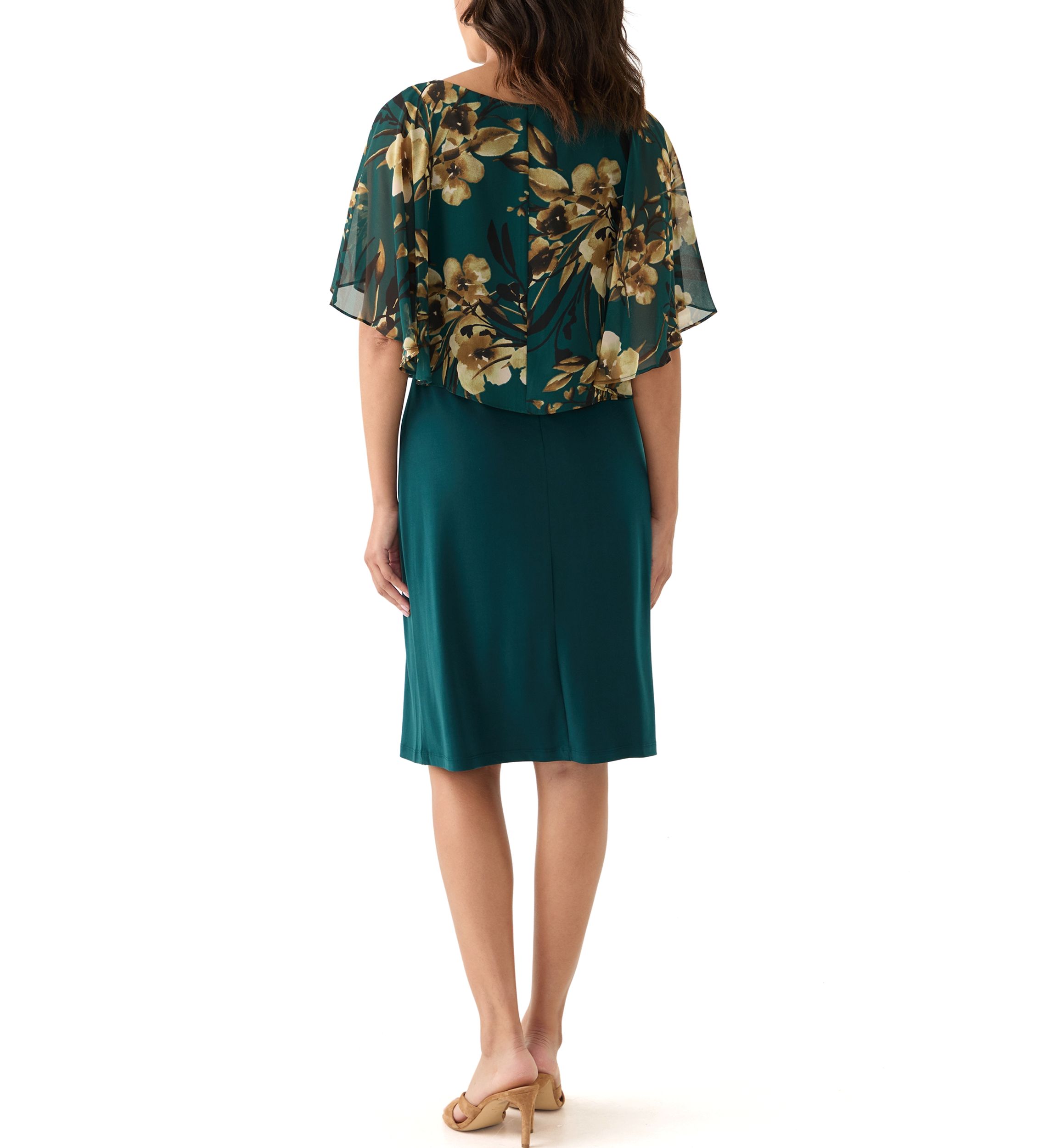 Womens Cape Sleeve Floral A-Line Dress
