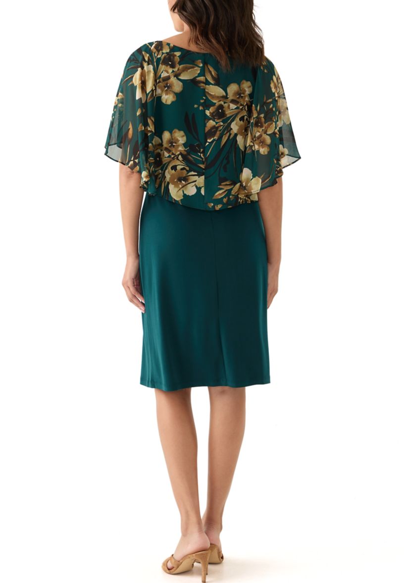 Womens Cape Sleeve Floral A-Line Dress