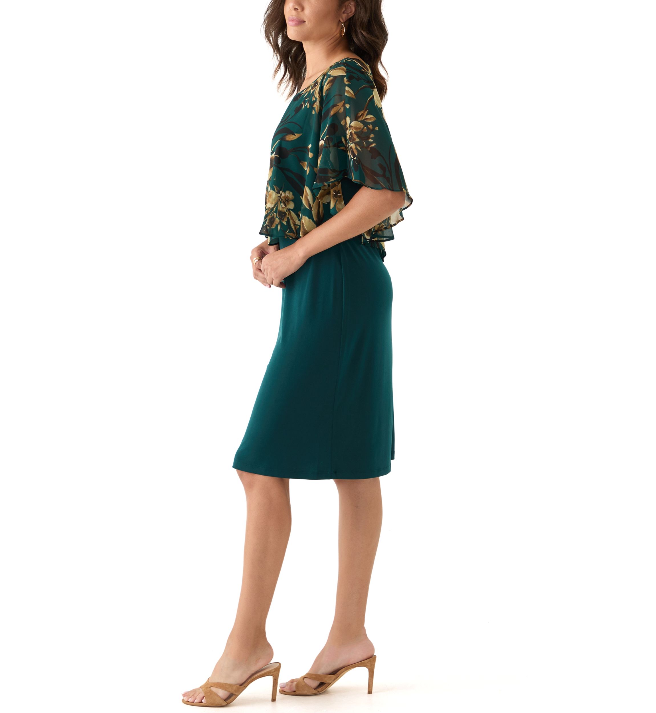 Womens Cape Sleeve Floral A-Line Dress