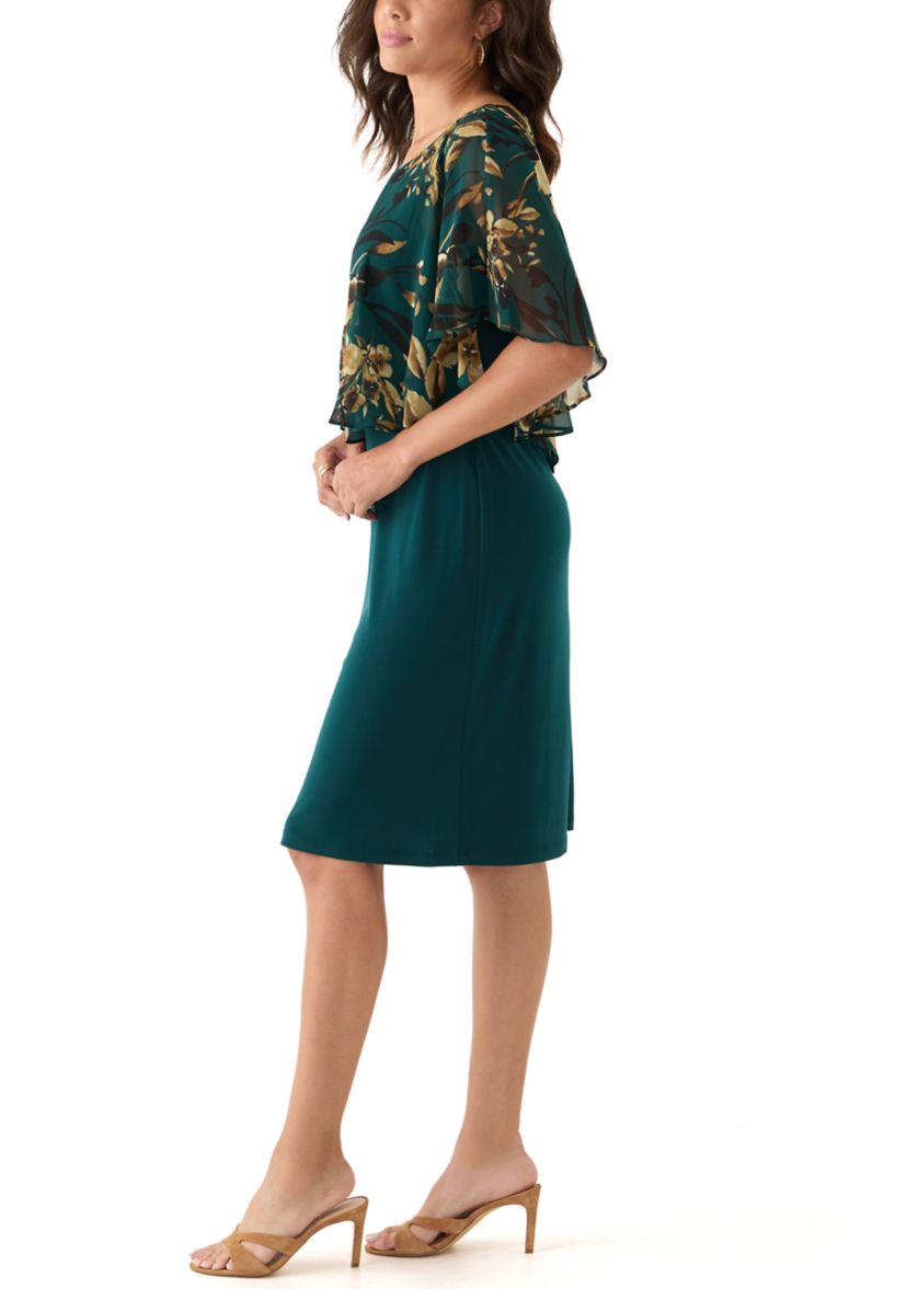 Womens Cape Sleeve Floral A-Line Dress