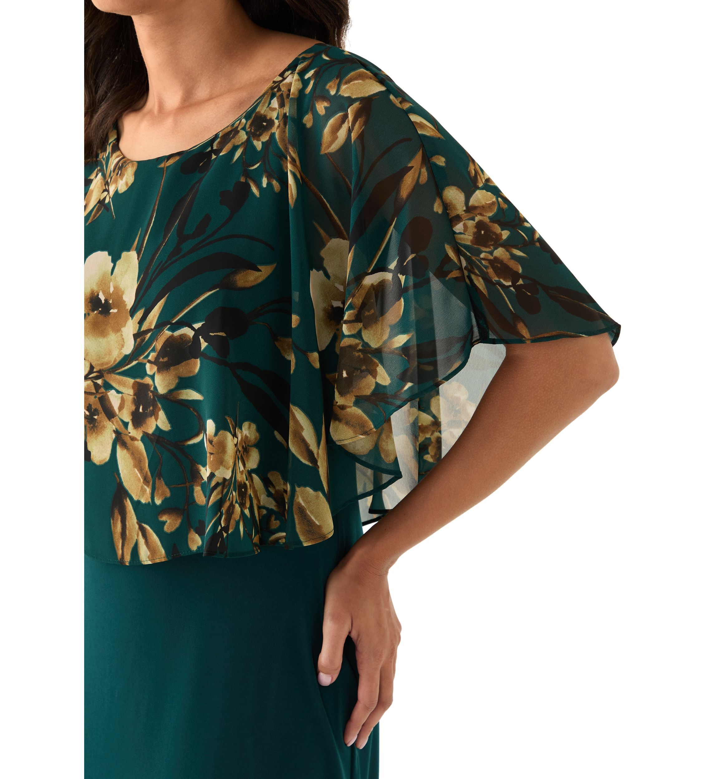 Womens Cape Sleeve Floral A-Line Dress