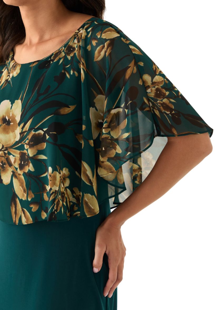 Womens Cape Sleeve Floral A-Line Dress