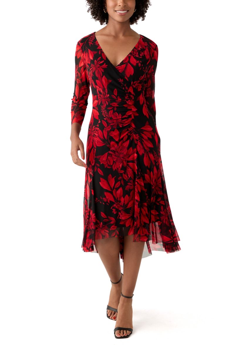 Womens 3/4 Sleeve V-Neck Printed Mesh Fit and Flare Dress