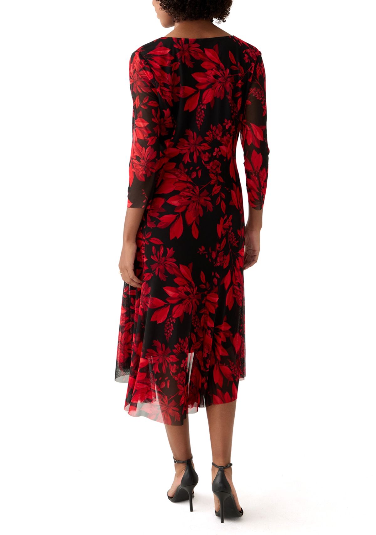 Womens 3/4 Sleeve V-Neck Printed Mesh Fit and Flare Dress