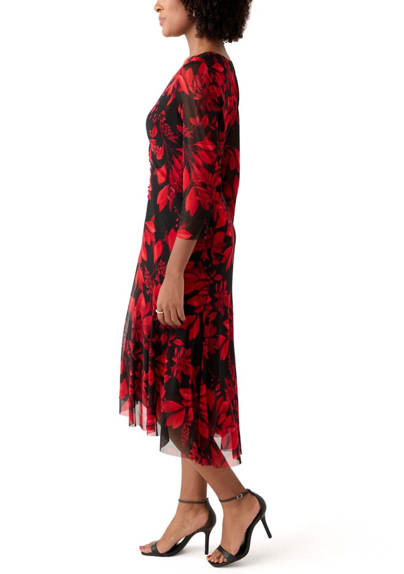 Womens 3/4 Sleeve V-Neck Printed Mesh Fit and Flare Dress