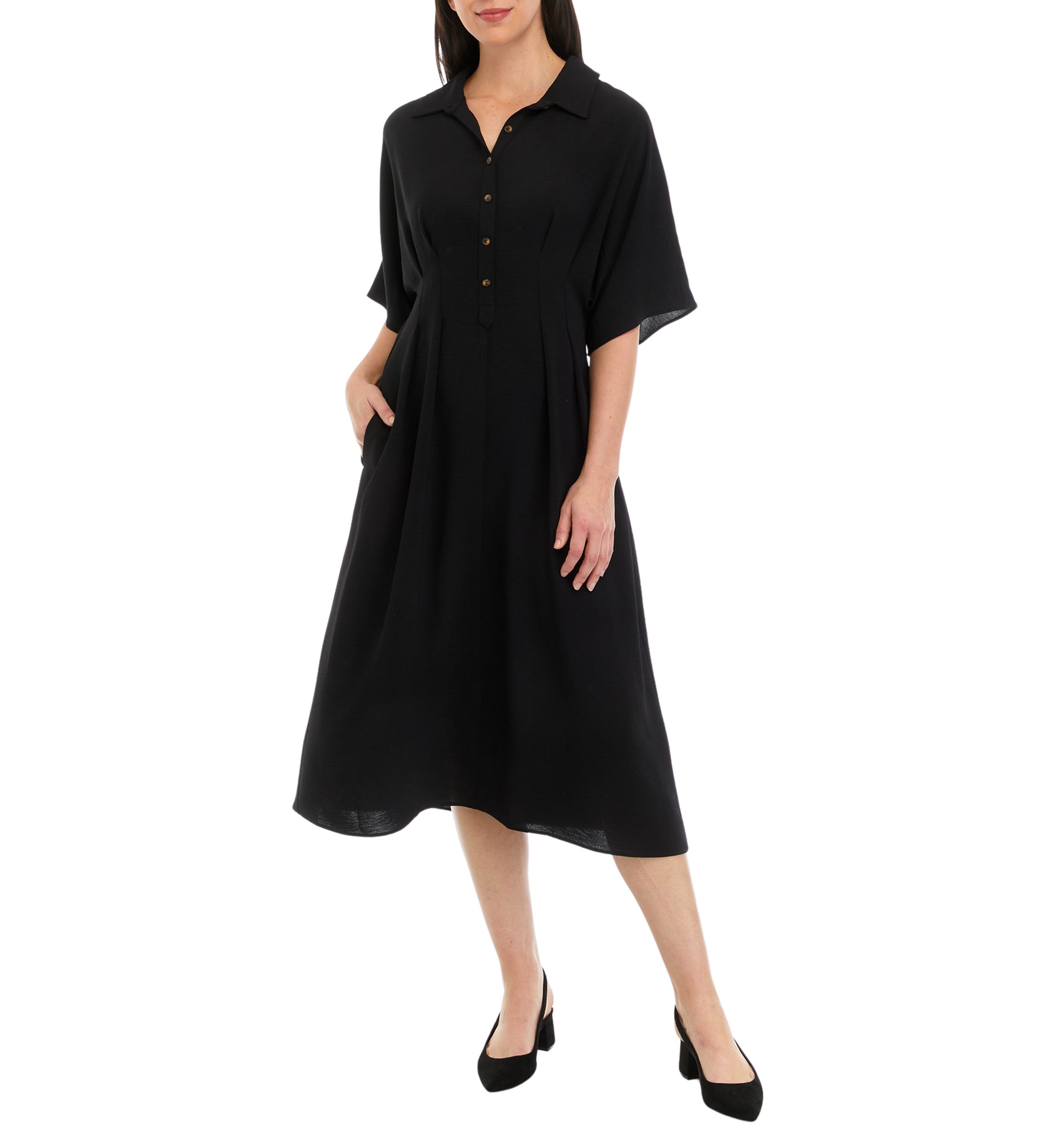Womens Short Sleeve Collar Solid Pocket Shirtdress