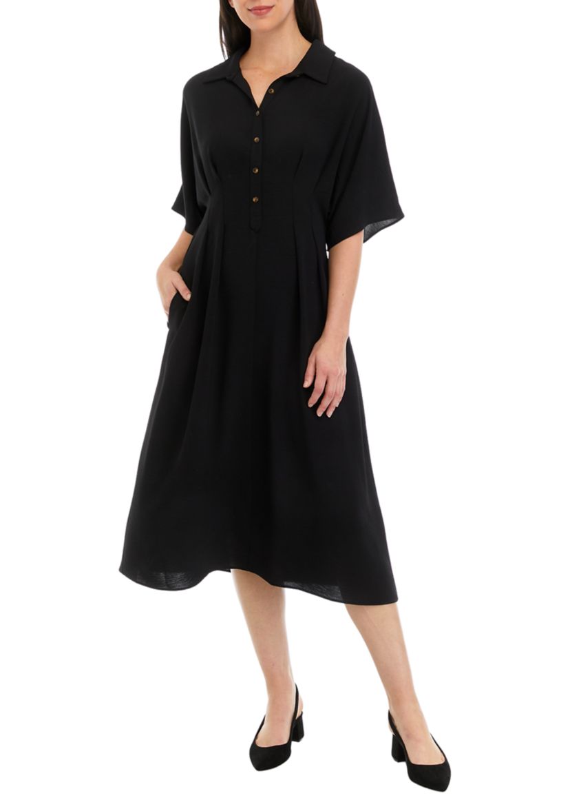 Womens Short Sleeve Collar Solid Pocket Shirtdress