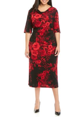 Connected Apparel Plus Size Floral Drape Neck Midi Dress Belk