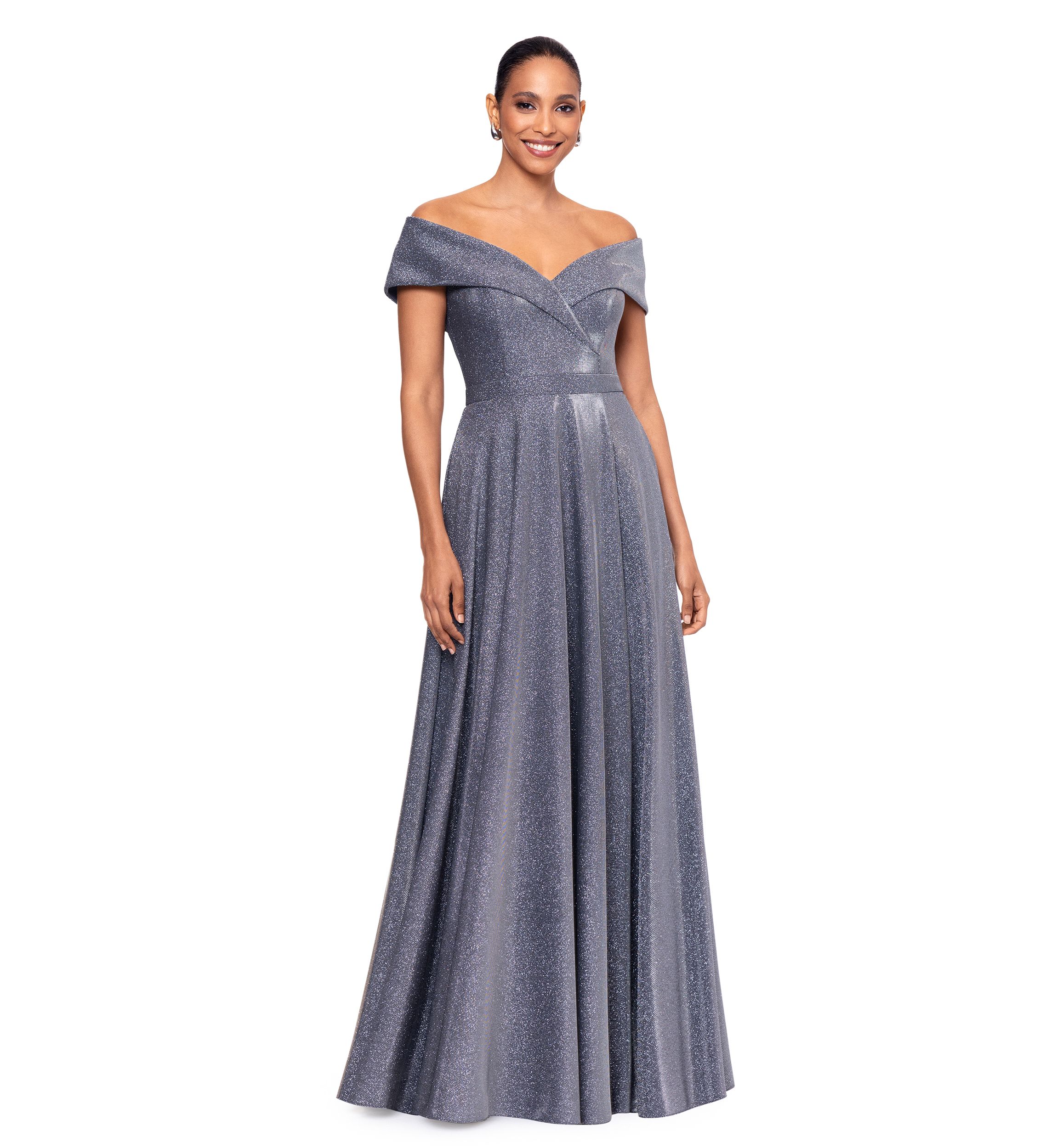 Womens Solid V-Neck Fit and Flare Gown
