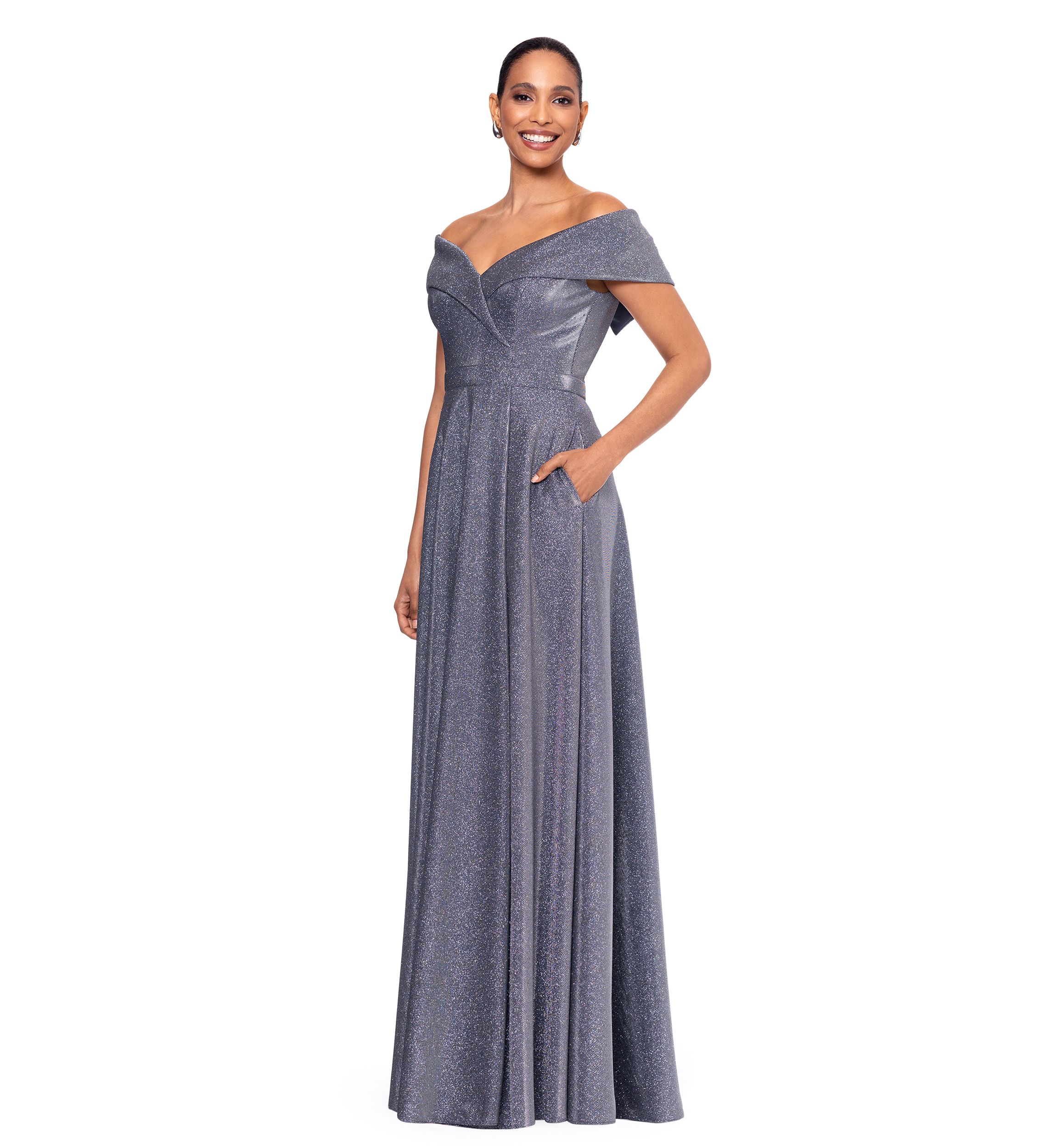 Womens Solid V-Neck Fit and Flare Gown