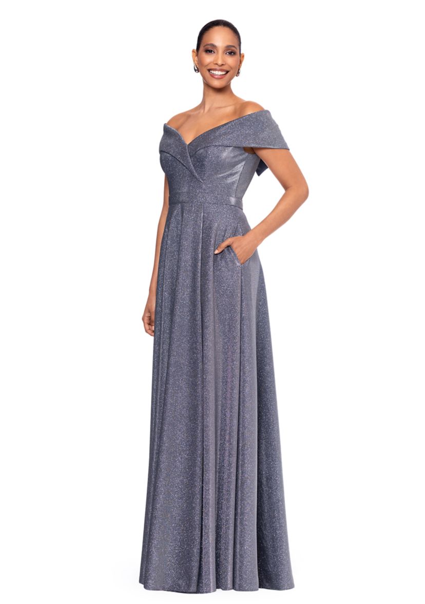 Womens Solid V-Neck Fit and Flare Gown