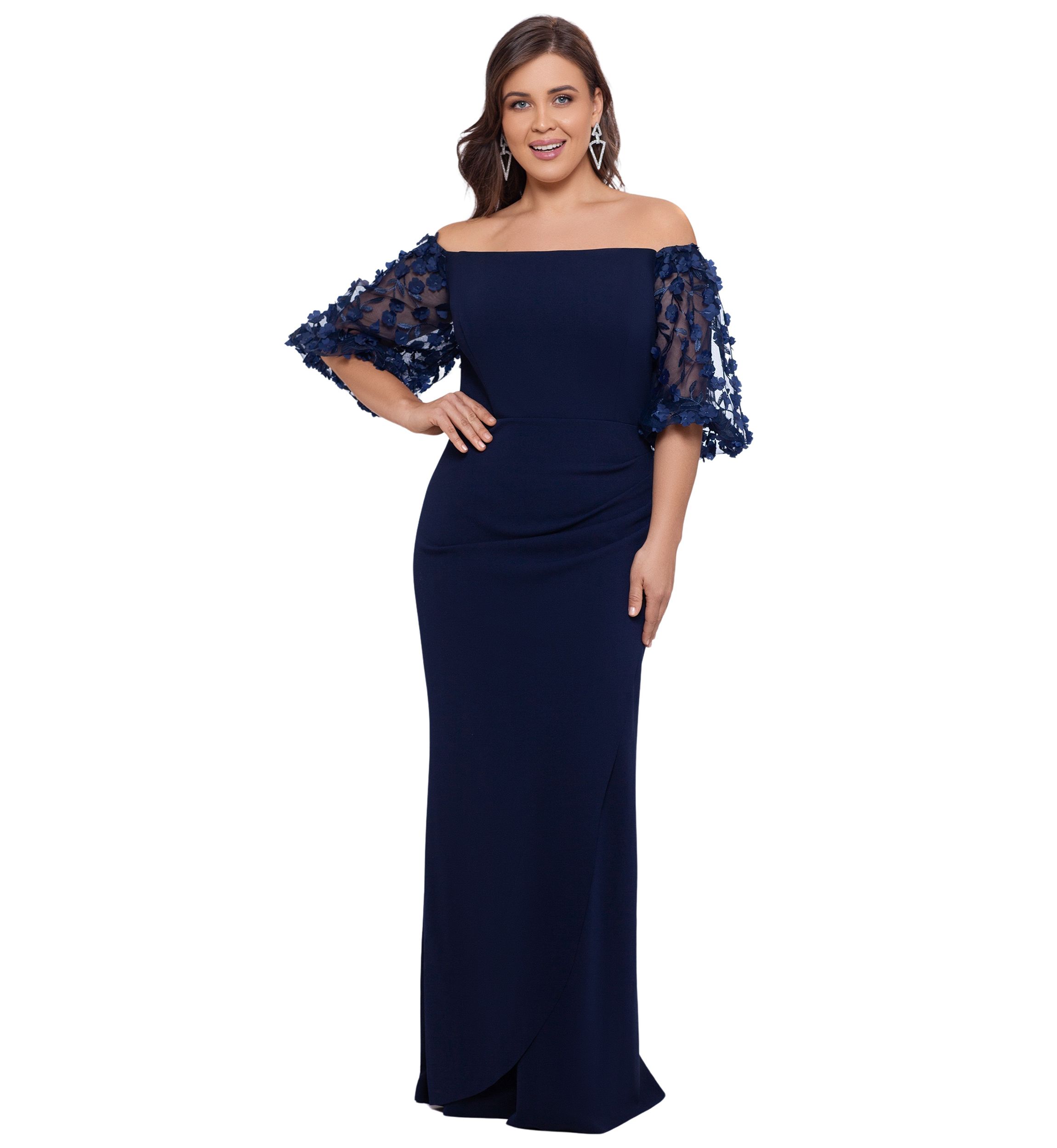 Plus Size Long Scuba Crepe Off the Shoulder 3D Floral Gown
