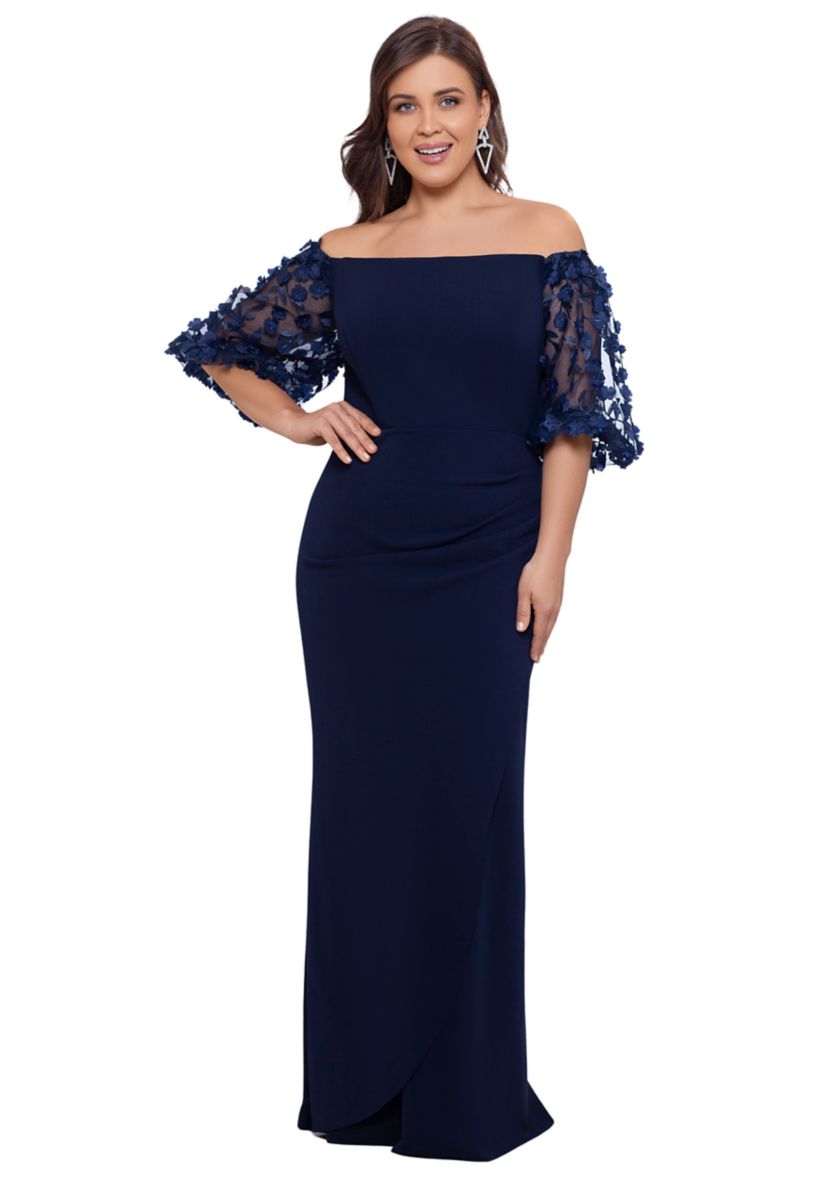 Plus Size Long Scuba Crepe Off the Shoulder 3D Floral Gown