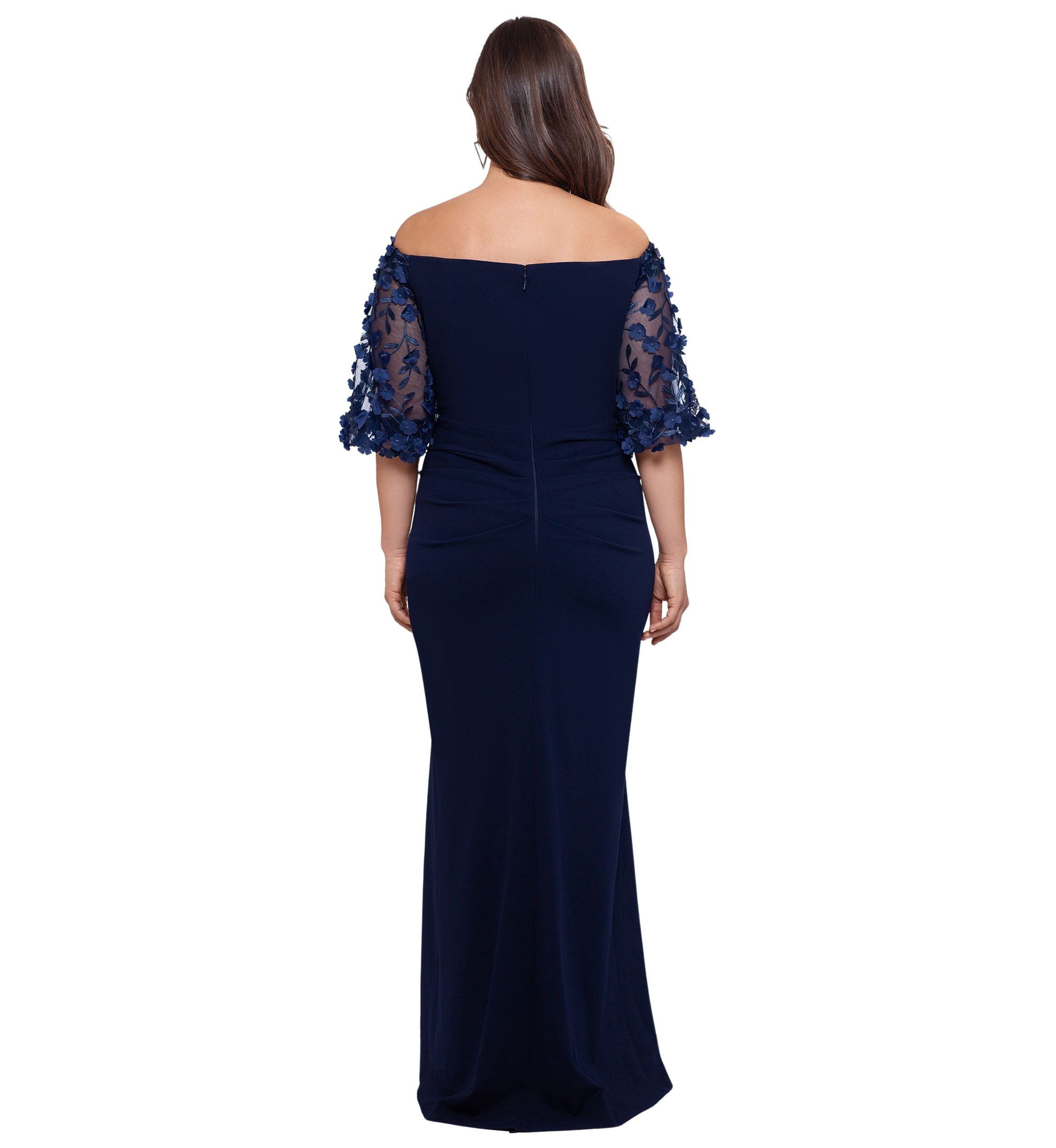 Plus Size Long Scuba Crepe Off the Shoulder 3D Floral Gown