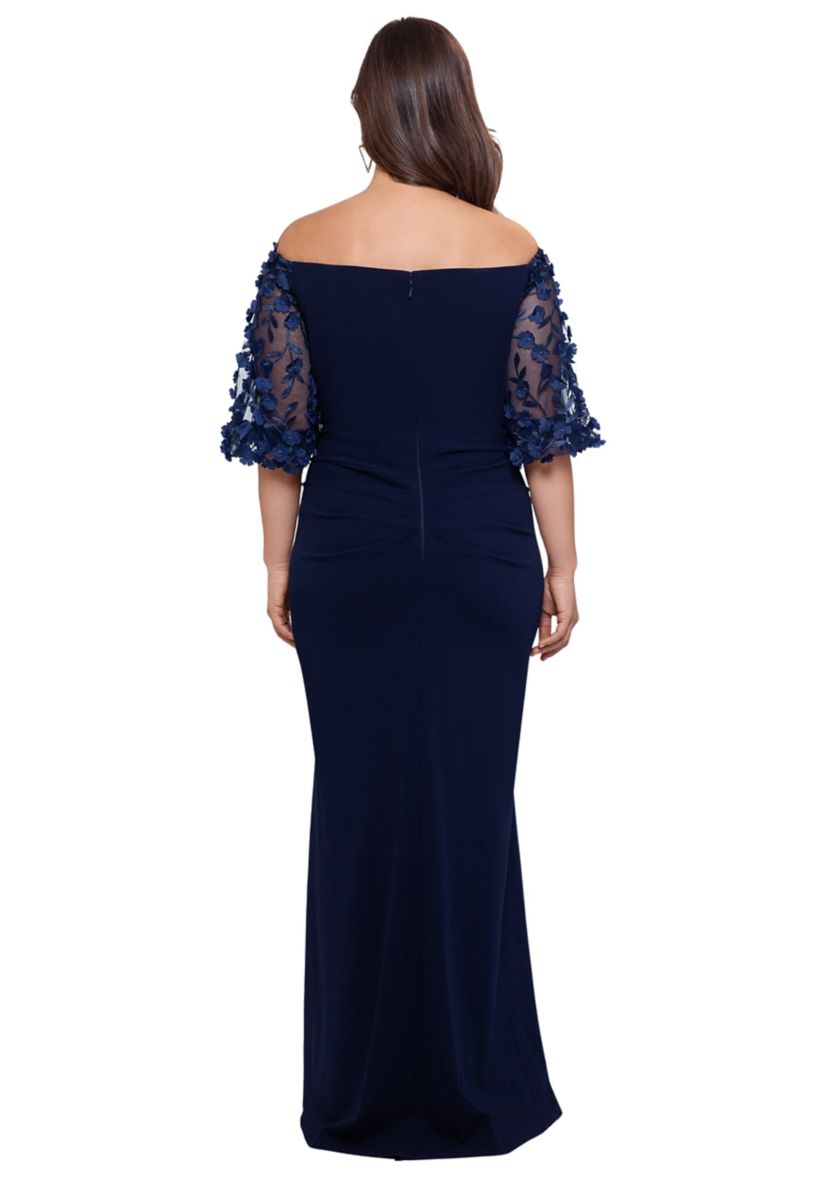 Plus Size Long Scuba Crepe Off the Shoulder 3D Floral Gown