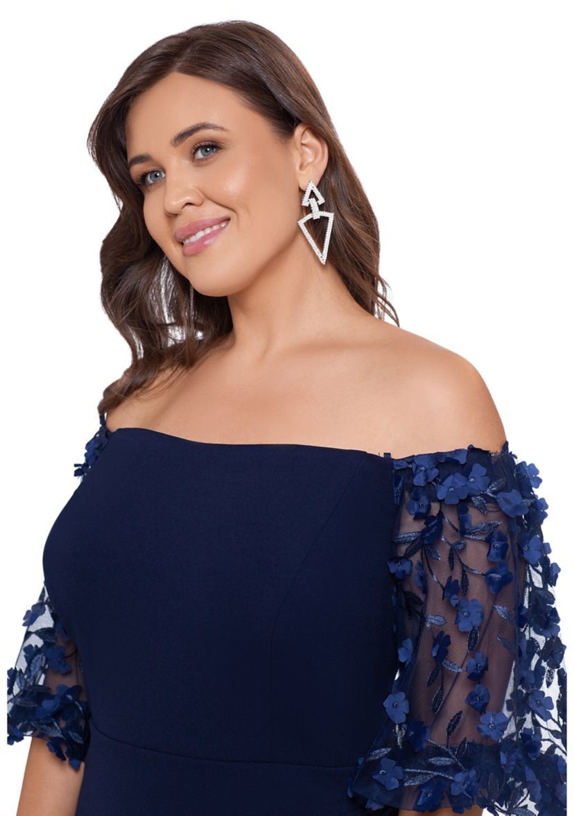Plus Size Long Scuba Crepe Off the Shoulder 3D Floral Gown
