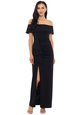 Women's Solid Side Ruched Ruffle Gown