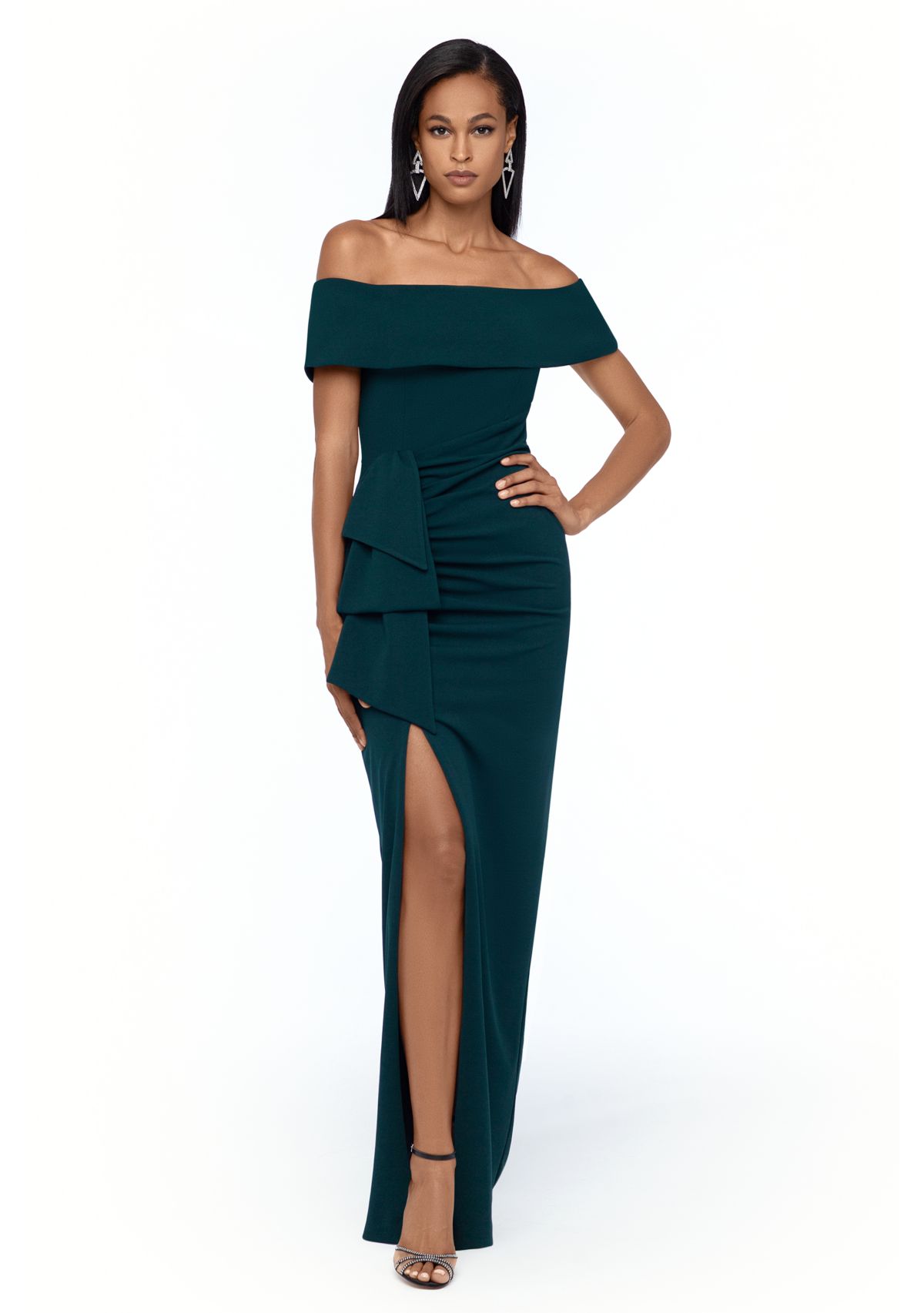 Womens Solid Side Ruched Ruffle Gown