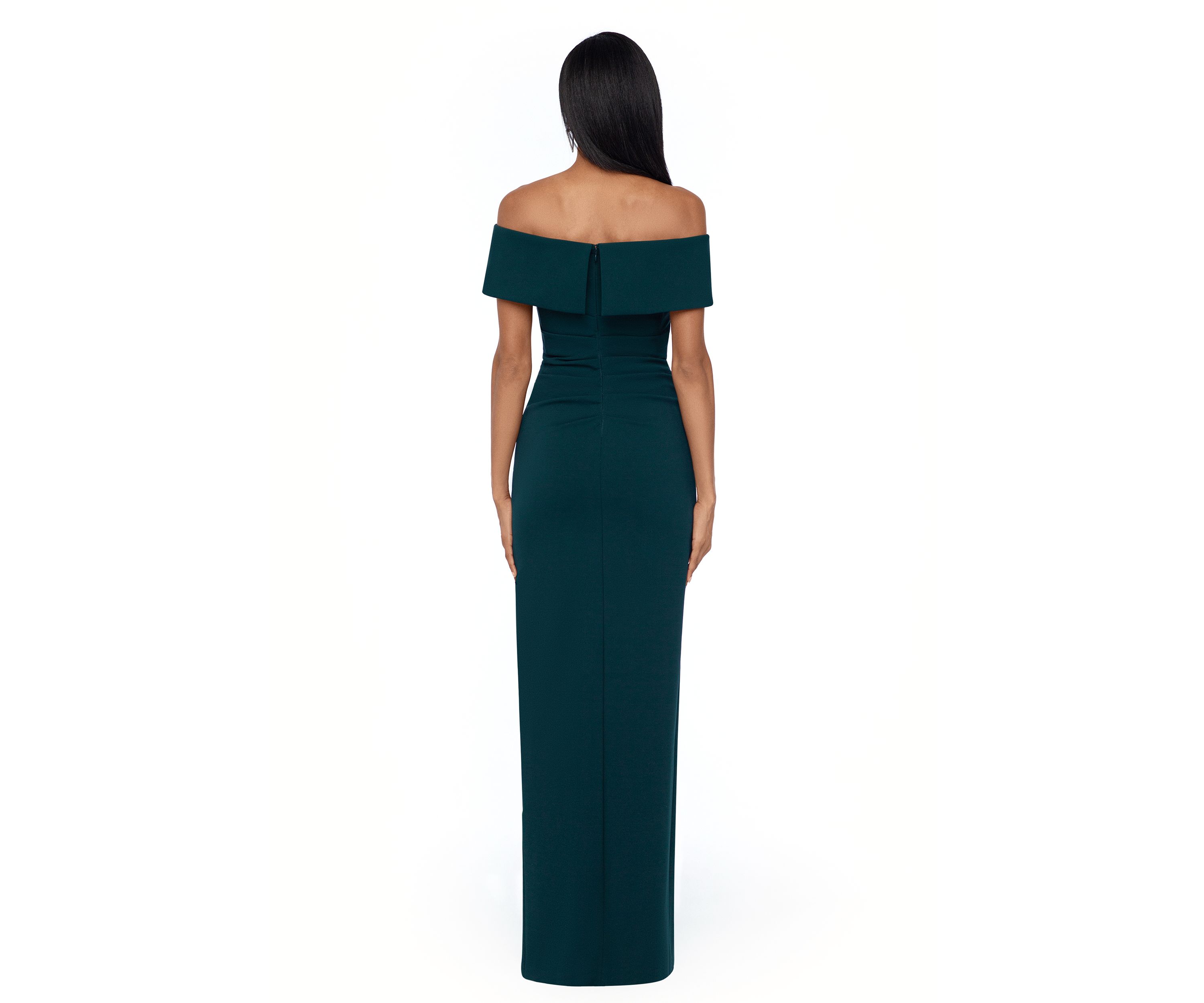 Womens Solid Side Ruched Ruffle Gown
