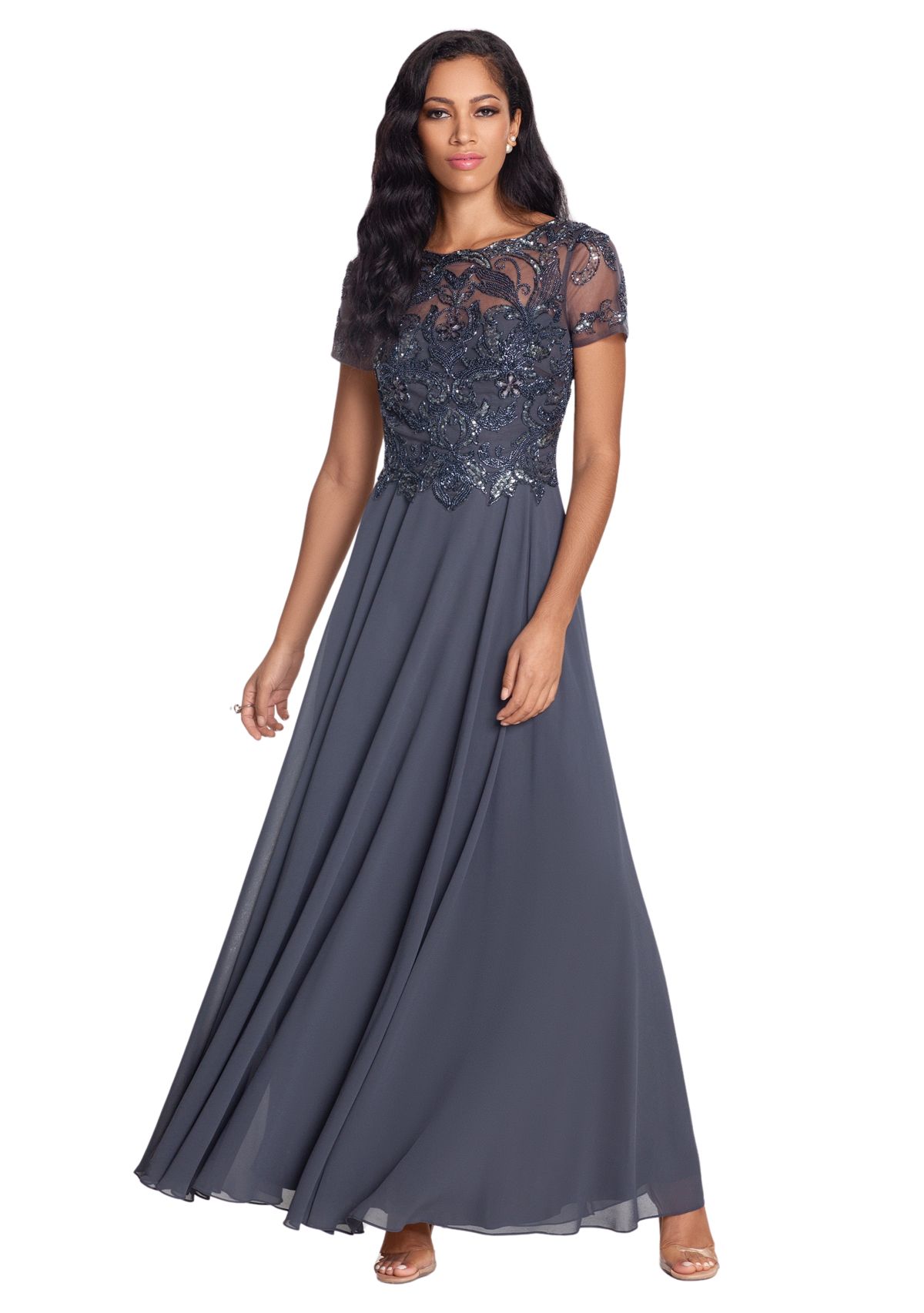 Womens Beaded Detail Bodice Fit and Flare Gown