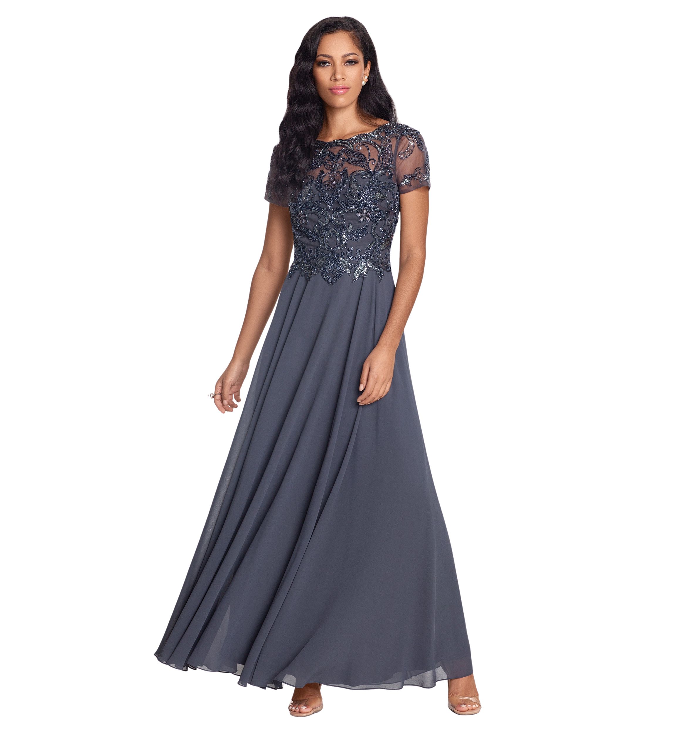 Womens Beaded Detail Bodice Fit and Flare Gown