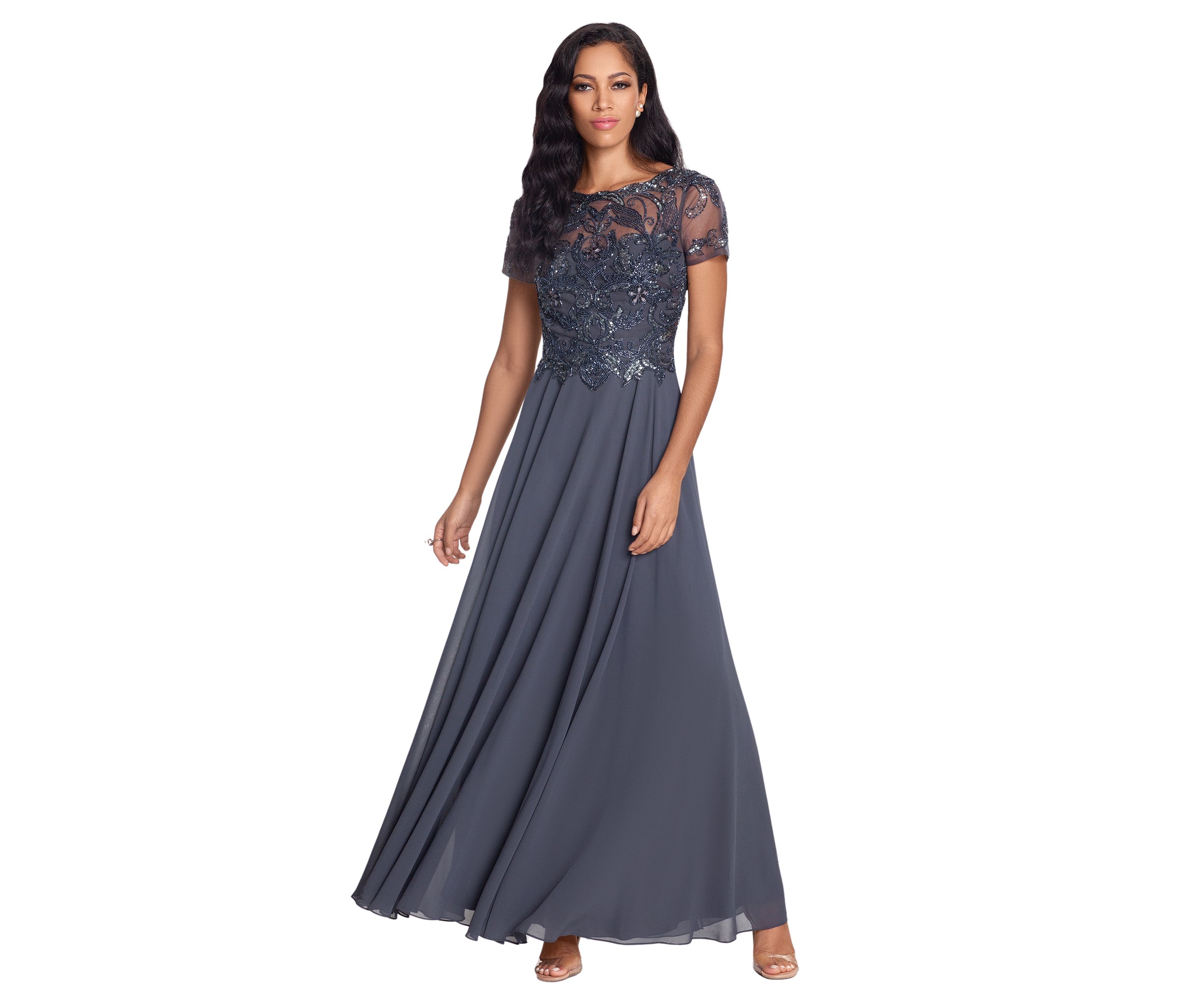 Womens Beaded Detail Bodice Fit and Flare Gown