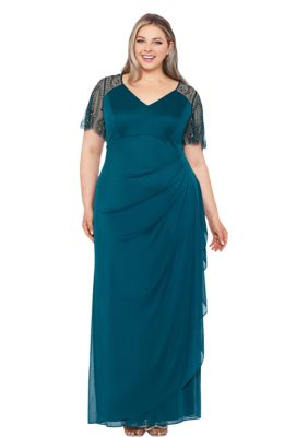 Plus Solid Embroidered Top Ruched Gown