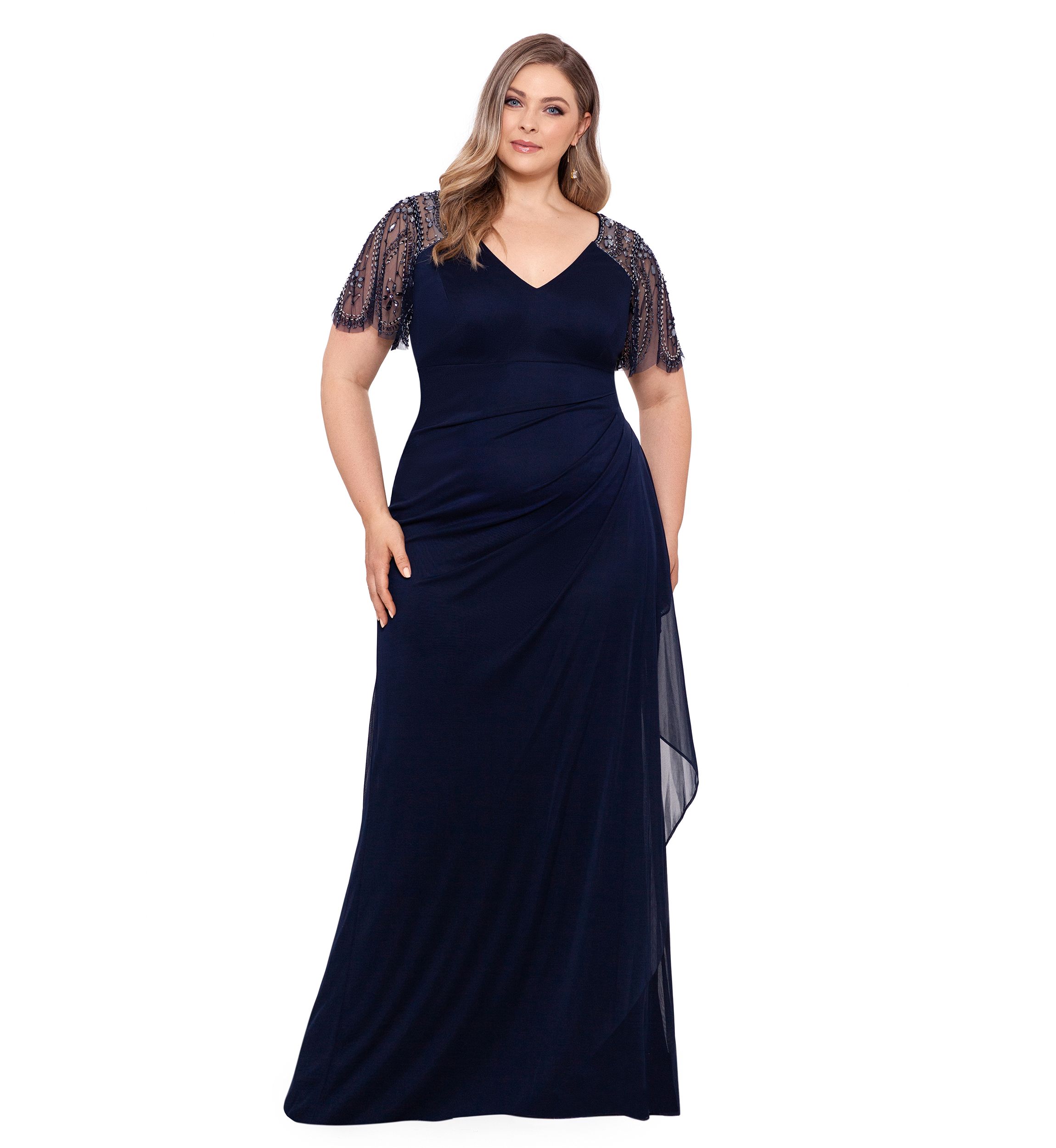cheap plus size formal dresses Plus Size Formal Long Sleeve Beaded Dress MGNY 71805
