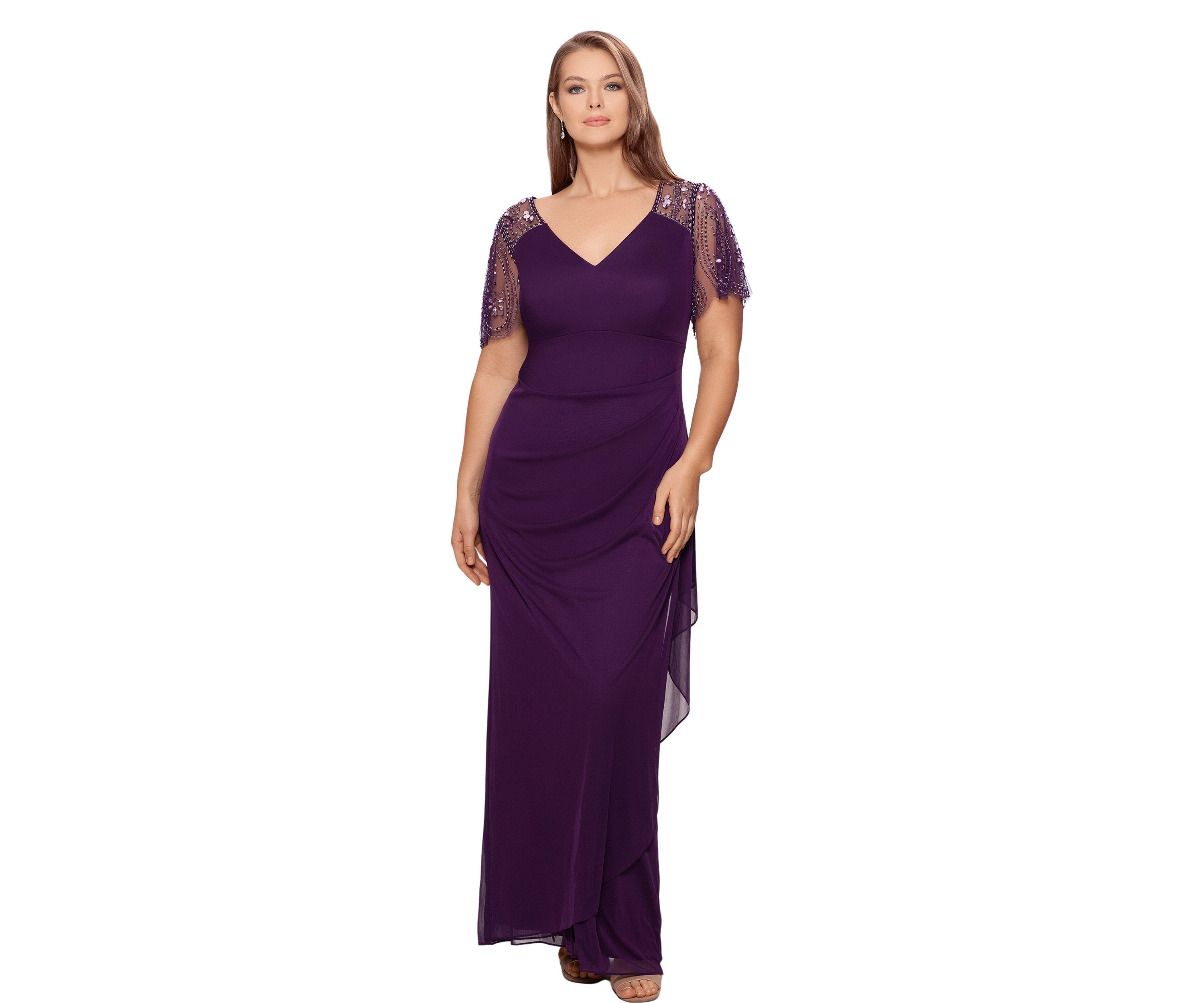 Plus Size Solid Embroidered Top Ruched Gown