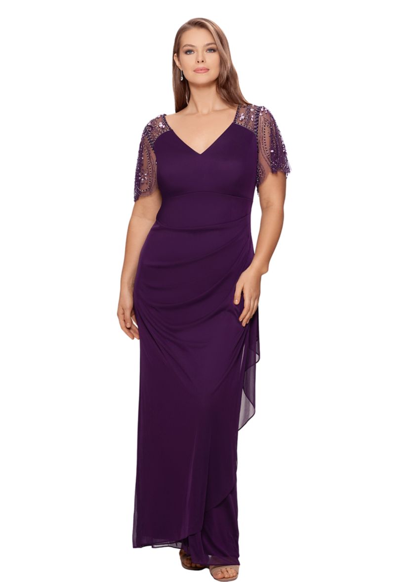 Plus Size Solid Embroidered Top Ruched Gown