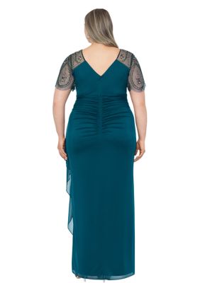 Plus Solid Embroidered Top Ruched Gown