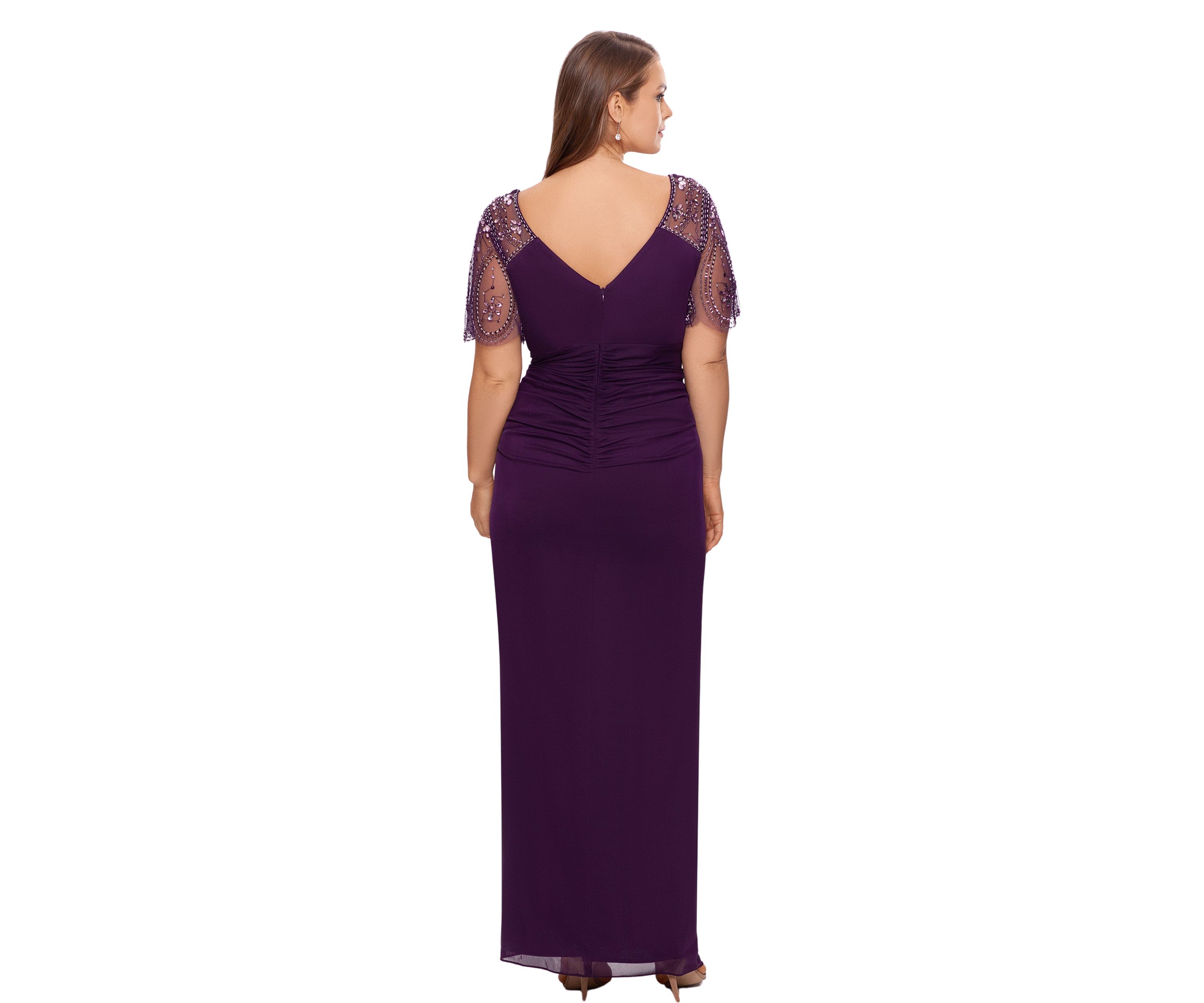 Plus Size Solid Embroidered Top Ruched Gown