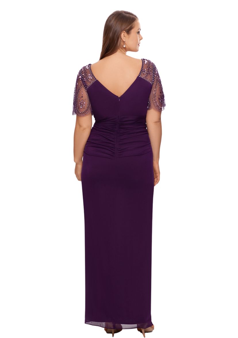 Plus Size Solid Embroidered Top Ruched Gown
