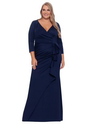 Plus Long Sleeve V-Neck Ruched Solid Scuba Gown