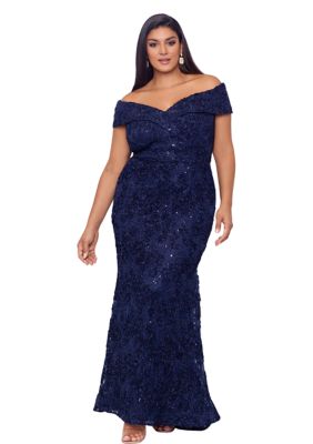 Plus Off the Shoulder Solid Embellished Lace Gown