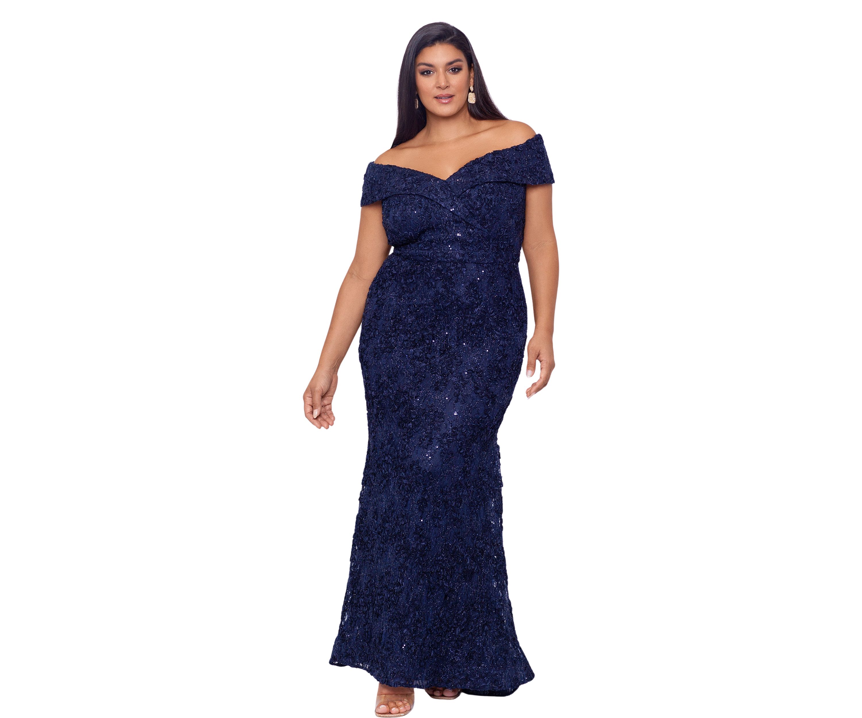 Plus Size Off the Shoulder Solid Embellished Lace Gown